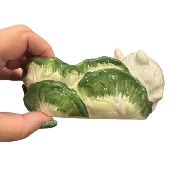 Vintage Ceramic Rabbit & Cabbage Bowl Hand-Painted Decorative Dish Green & White - Picture 6 of 7